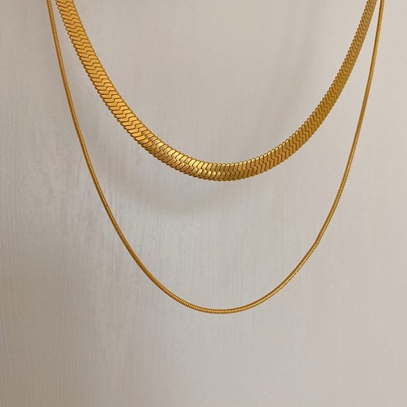 Double Herringbone Necklace, Two layered Necklaces, Gold Snake chain necklace - Picture 6 of 9